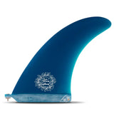 Futures Gun Single Fin Dick Brewer Fiberglass in Blau, Seitenansicht des geschwungenen Surfboards mit Logo