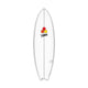 Channel Islands X-lite PodMod Surfboard, weiß, Draufsicht mit rotem und gelbem Logo