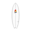 Channel Islands X-lite PodMod Surfboard, weiß, Draufsicht mit rotem und gelbem Logo