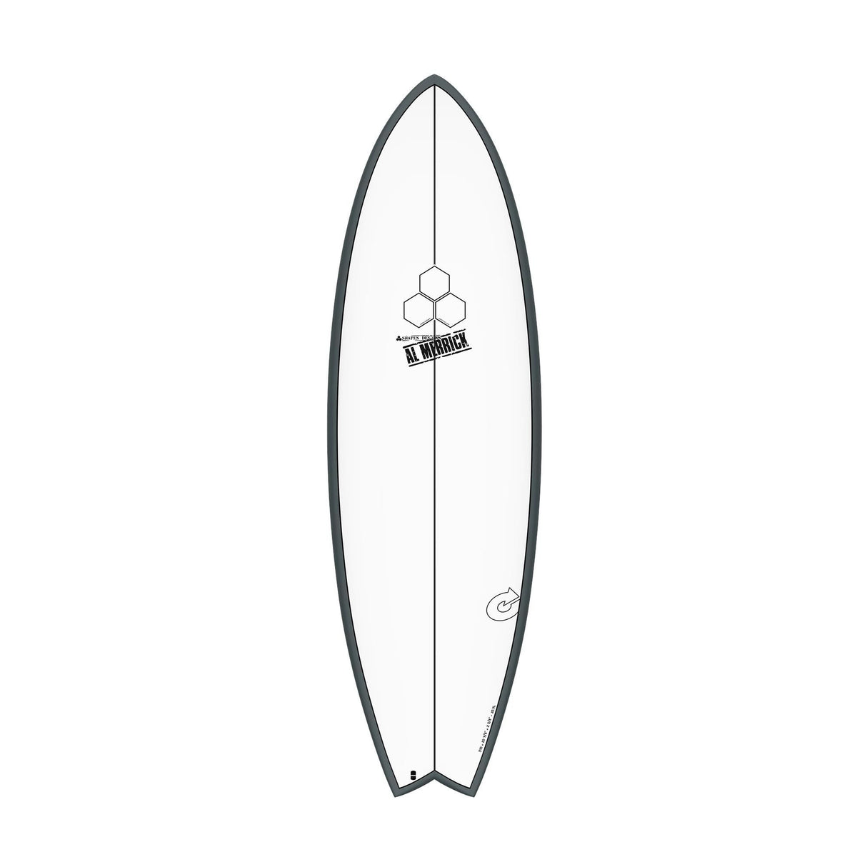 Channel Islands X-lite PodMod Surfboard, schwarzer Rahmen, Draufsicht auf weißem Hintergrund