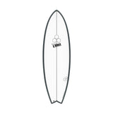 Channel Islands X-lite PodMod Surfboard, schwarzer Rahmen, Draufsicht auf weißem Hintergrund