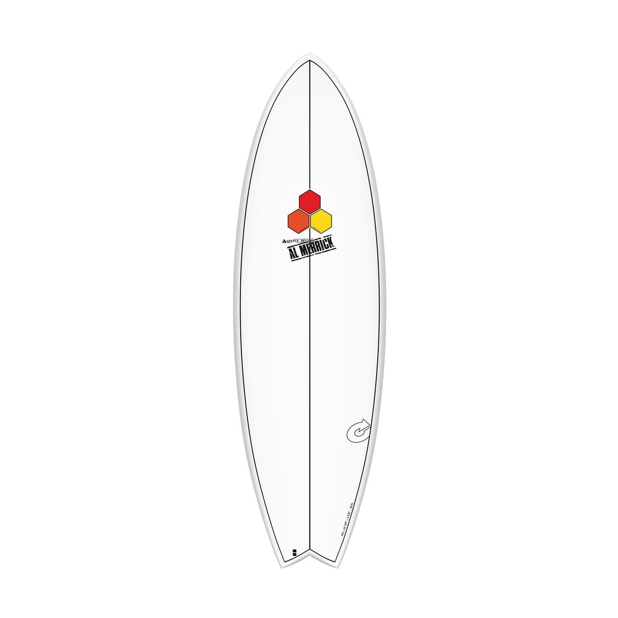 Channel Islands X-lite PodMod Surfboard, weiß, Draufsicht, kompakte Shortboard-Form mit rotem Logo