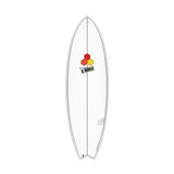 Channel Islands X-lite PodMod Surfboard, weiß, Draufsicht, kompakte Shortboard-Form mit rotem Logo