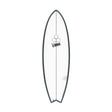 Channel Islands X-lite PodMod Surfboard, grau-weiß, Draufsicht, kompakte Fish-Form