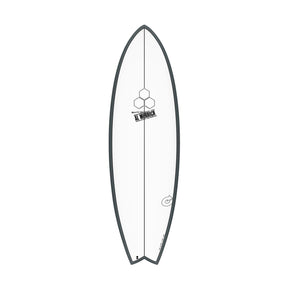Channel Islands X-lite PodMod Surfboard, grau-weiß, Draufsicht, kompakte Fish-Form