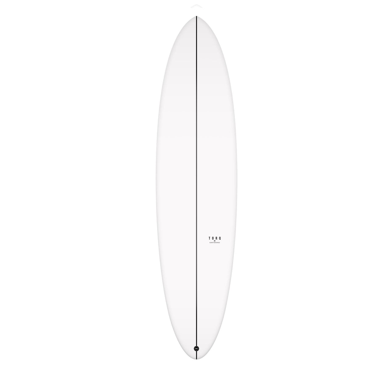 Torq TEC Delpero Twin Surfboard in Weiß, Draufsicht mit sichtbarem Finbox und zentraler Linie
