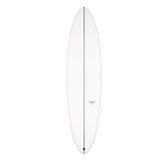 Torq TEC Delpero Twin Surfboard in Weiß, Draufsicht mit sichtbarem Finbox und zentraler Linie