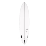 Torq TEC Delpero Twin Surfboard in Weiß, Draufsicht, mit schwarzen Finnen und Centerline-Design