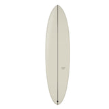 Torq TEC Delpero Twin Surfboard in Creme, Draufsicht, ovale Form mit schwarzer Mittellinie und Finne