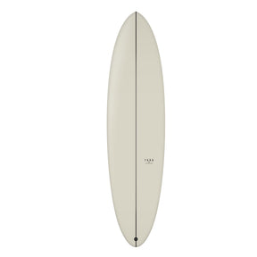 Torq TEC Delpero Twin Surfboard in Creme, Draufsicht, ovale Form mit schwarzer Mittellinie und Finne