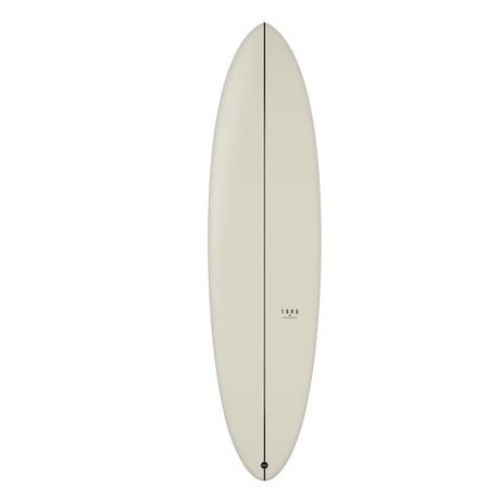 Torq TEC Delpero Twin Surfboard in Creme, Draufsicht, ovale Form mit schwarzer Mittellinie und Finne