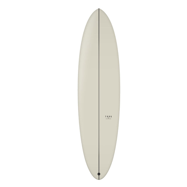 Torq TEC Delpero Twin Surfboard in Creme, Draufsicht, ovale Form mit schwarzer Mittellinie und Finne