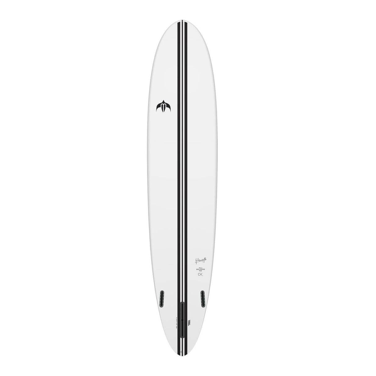 Torq TEC Delpero Pro Wide Surfboard, weiß mit schwarzem Mittelstreifen, Draufsicht