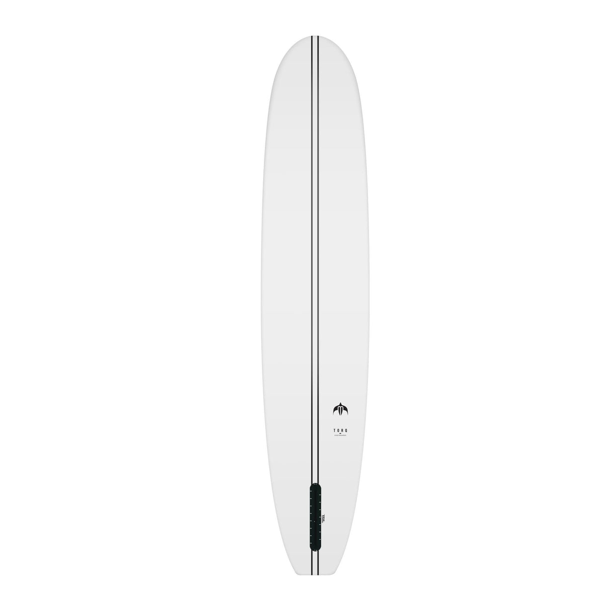 Torq TEC Delpero Pig Surfboard, weiß mit schwarzem Streifen, Draufsicht auf das komplette Board mit Finne