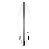 Torq TEC RVR River Surfboard, weiß mit schwarzem Mittelstreifen, Draufsicht, kompakte Shortboard-Form mit Finnen