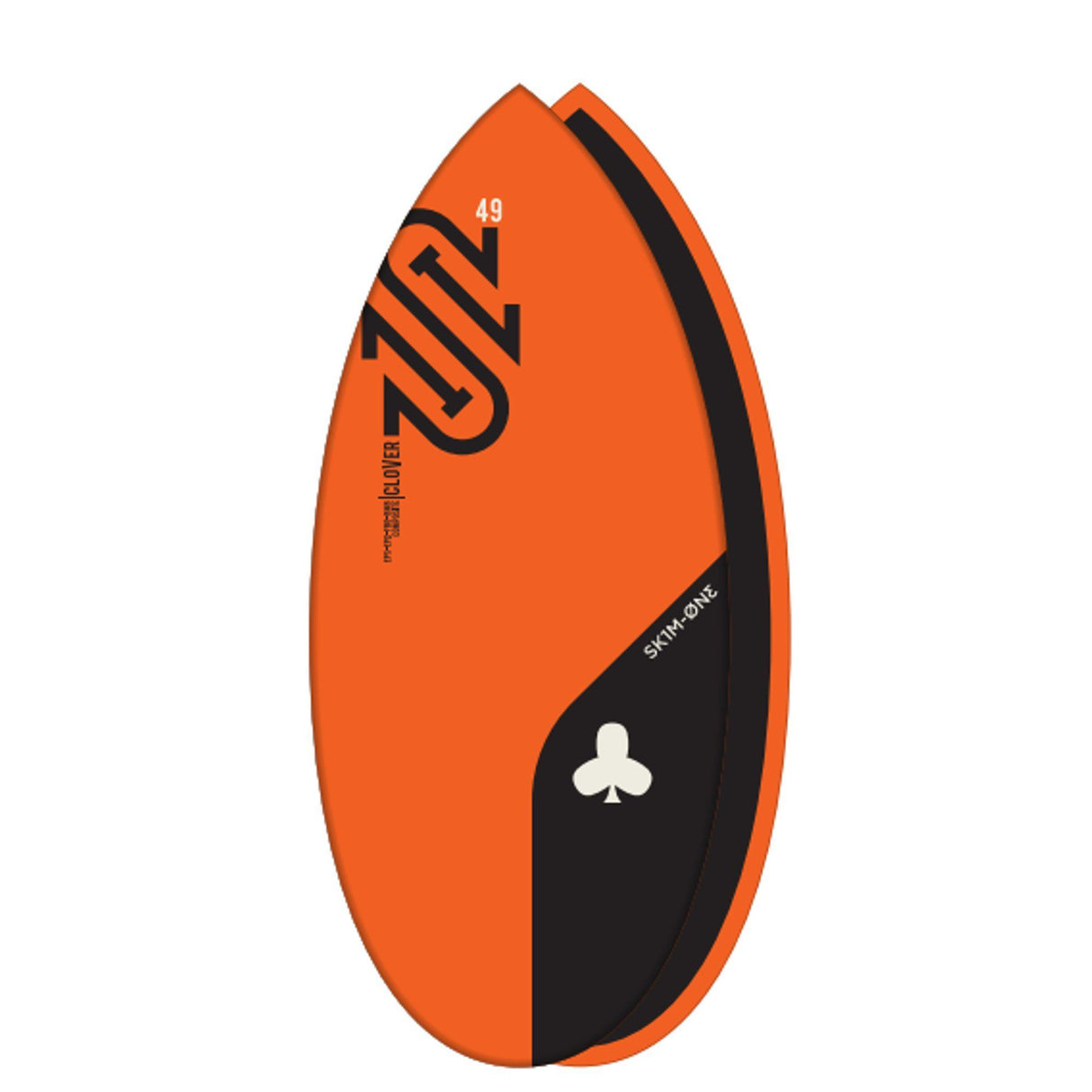 SkimOne EPS Epoxy Bambus Clover Skimboard, orange-schwarzes Design mit Kleeblatt-Logo, Draufsicht