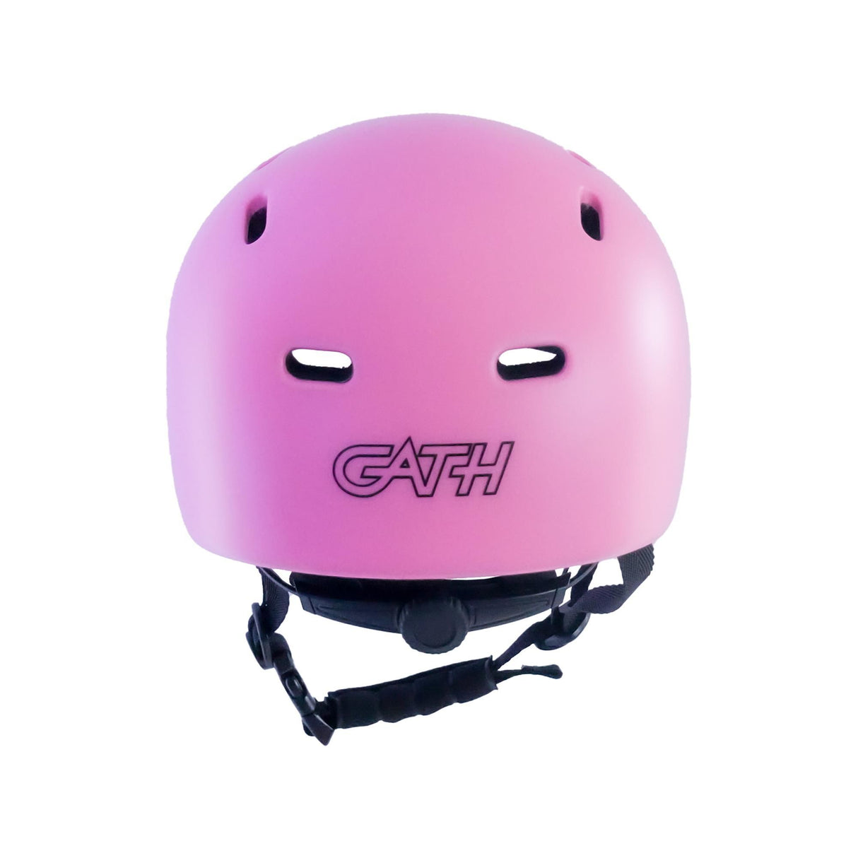Gath Multisports Helm RGM in Pink, Frontalansicht mit schwarzem Kinnriemen und Belüftungslöchern