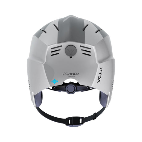 HYDA Coanda Fusion Wassersport Helm in Weiß-Grau, Frontalansicht mit Belüftungsöffnungen und Kinnriemen