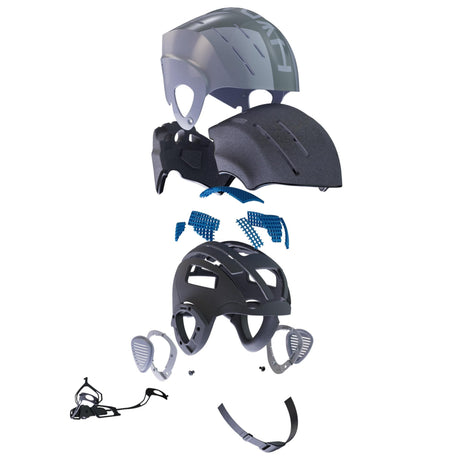 HYDA Coanda Fusion Wassersport Helm grau und schwarz mit abnehmbaren Komponenten, Draufsicht der Einzelteile