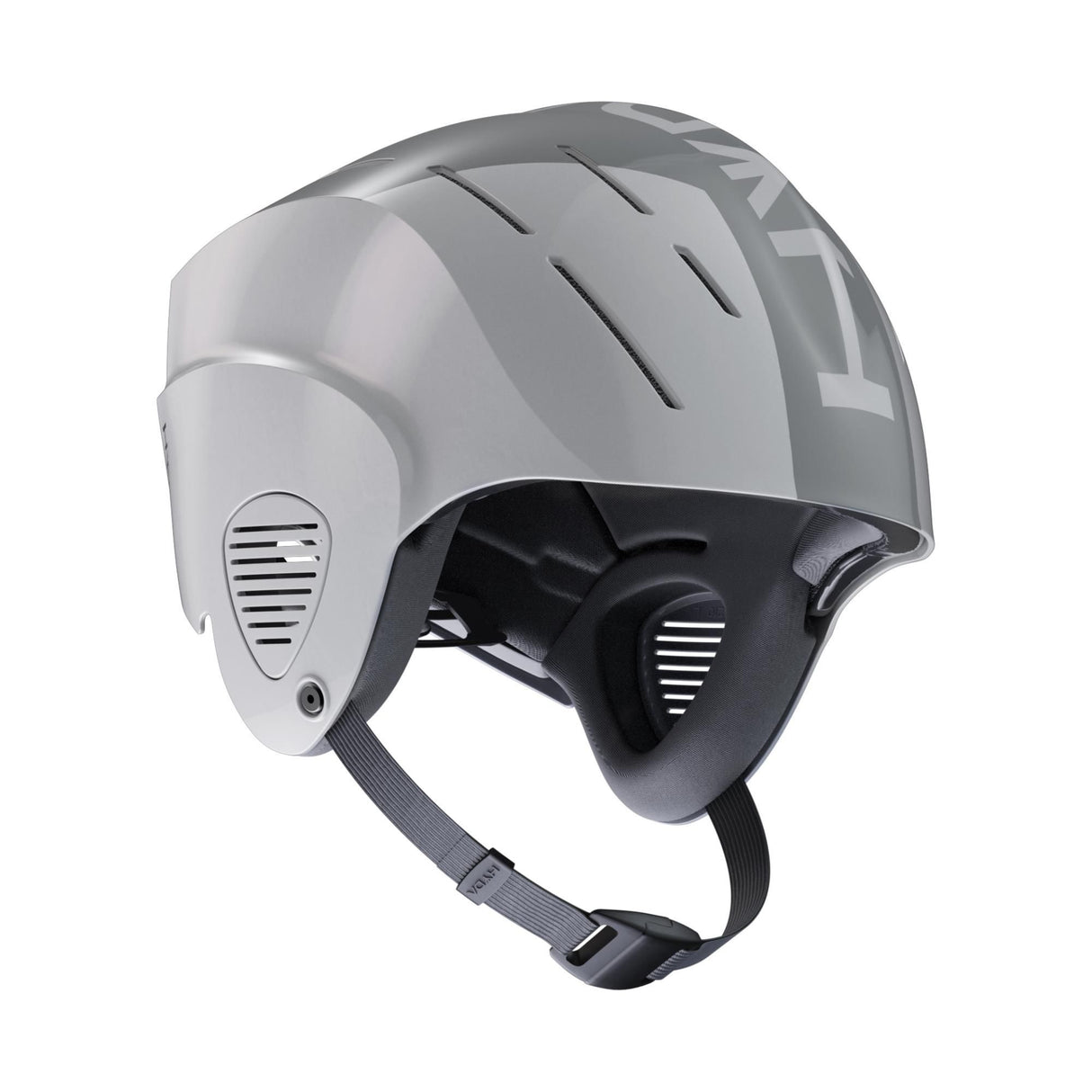 HYDA Coanda Fusion Wassersport Helm grau mit Belüftungsöffnungen und Kinnriemen, Seitenansicht