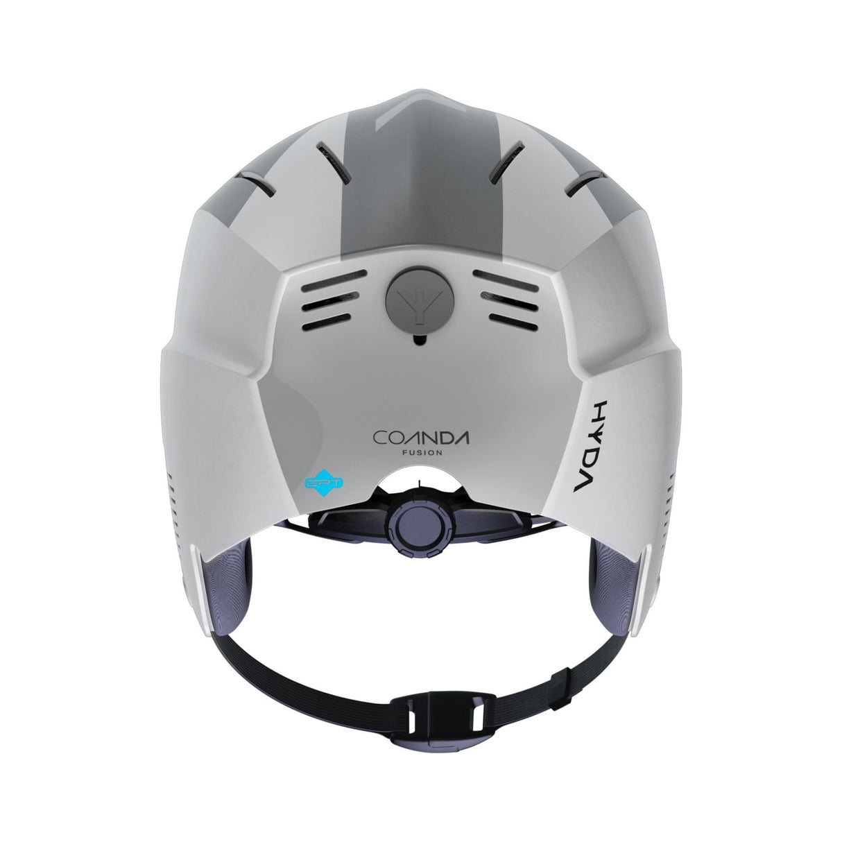 HYDA Coanda Fusion Wassersport Helm weiß-grau, Frontalansicht mit Belüftungsschlitzen und verstellbarem Kinnriemen