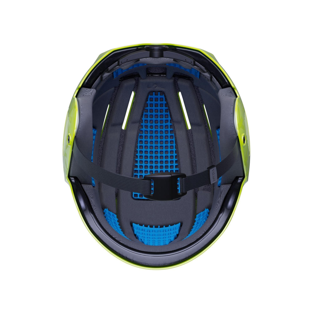 HYDA Coanda Fusion Wassersport Helm neongelb-schwarz, Innenansicht mit blauer Polsterung und Belüftungssystem