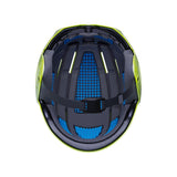 HYDA Coanda Fusion Wassersport Helm neongelb-schwarz, Innenansicht mit blauer Polsterung und Belüftungssystem
