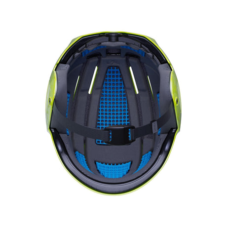 HYDA Coanda Fusion Wassersport Helm neongelb-schwarz, Innenansicht mit blauer Polsterung und Belüftungssystem