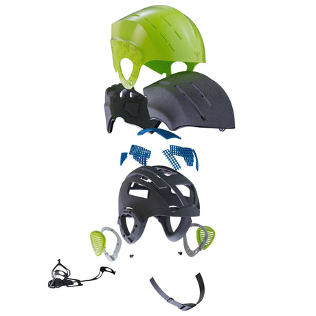 HYDA Coanda Fusion Wassersport Helm in Grün und Schwarz mit abnehmbaren Komponenten, Draufsicht auf alle Teile
