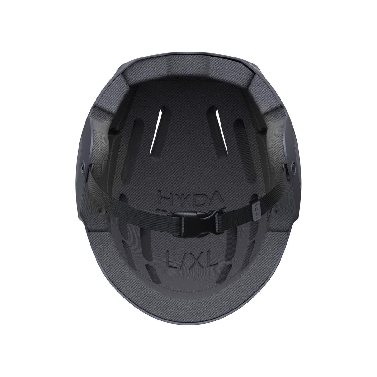 HYDA Coanda Core Wassersport Helm, grau-schwarz, Draufsicht auf Innenseite mit Belüftungsöffnungen und Verschlusssystem
