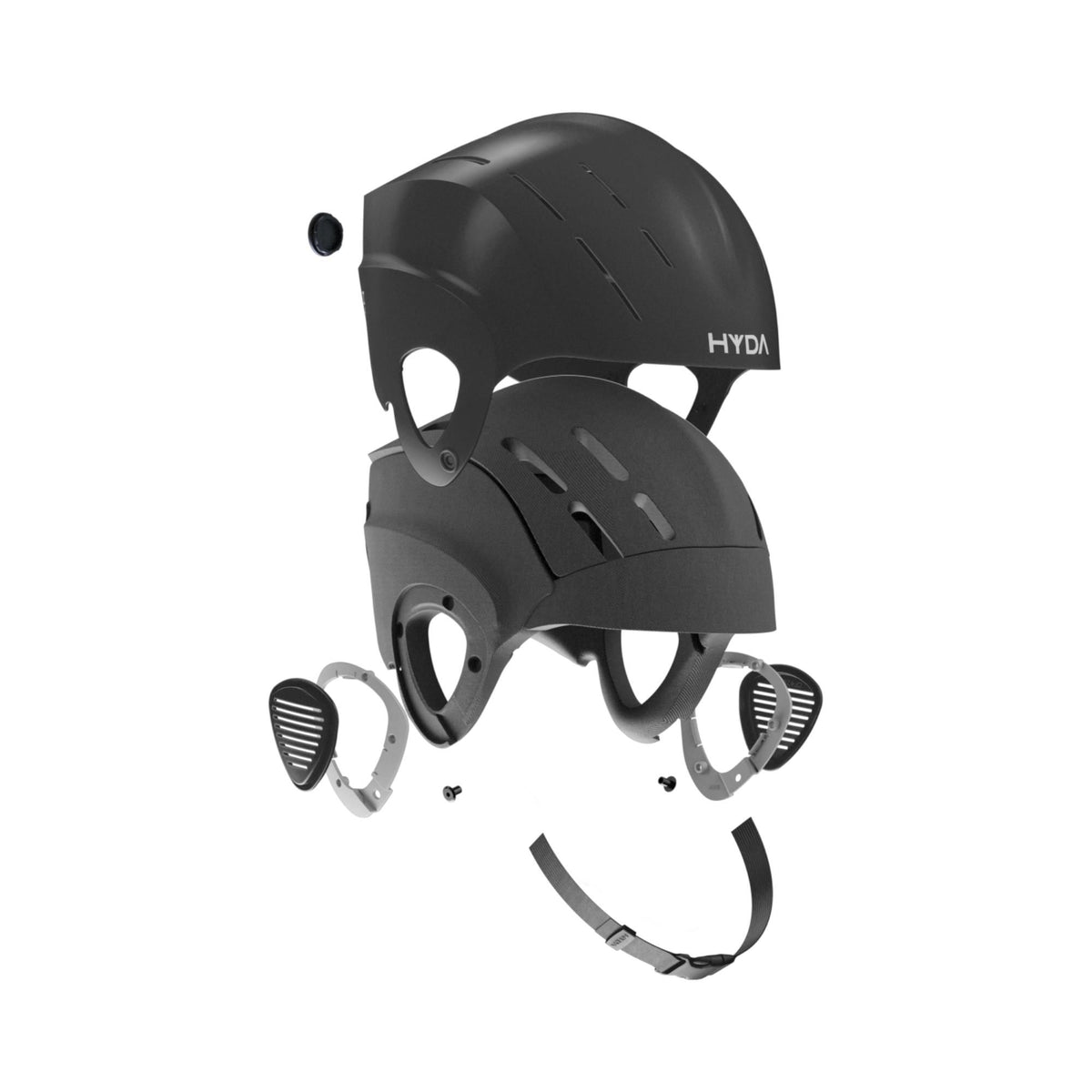 HYDA Coanda Core Wassersport Helm schwarz mit Belüftungsöffnungen und Kinnriemen, Frontansicht