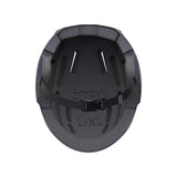 HYDA Coanda Core Wassersport Helm in Schwarz, Draufsicht auf Helminnenseite mit Riemen und Polsterung