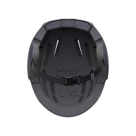 HYDA Coanda Core Wassersport Helm in Schwarz, Draufsicht auf Helminnenseite mit Riemen und Polsterung