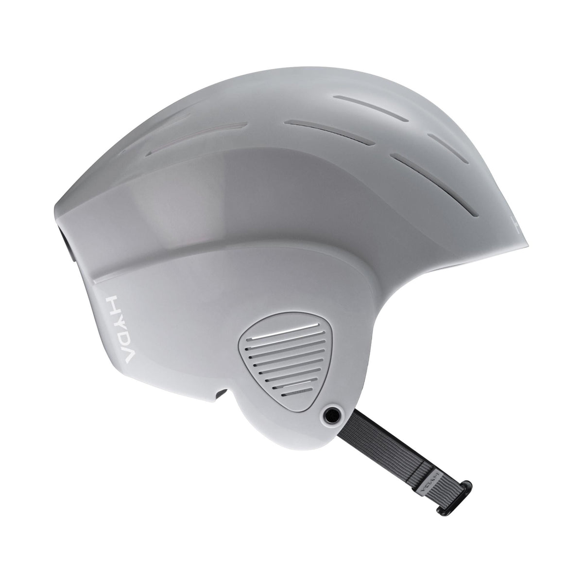 HYDA Coanda Core Wassersport Helm in Grau, Seitenansicht, mit Kinnriemen und Belüftungsöffnungen