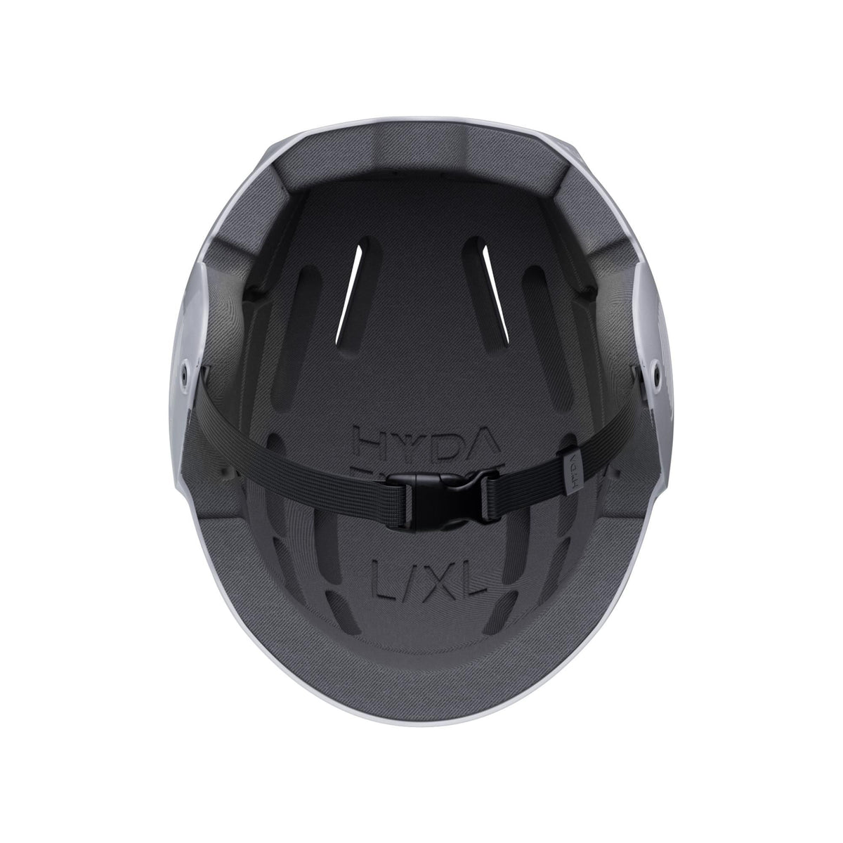 HYDA Coanda Core Wassersport Helm grau, Innenansicht mit Polsterung und Kinnriemen, Draufsicht