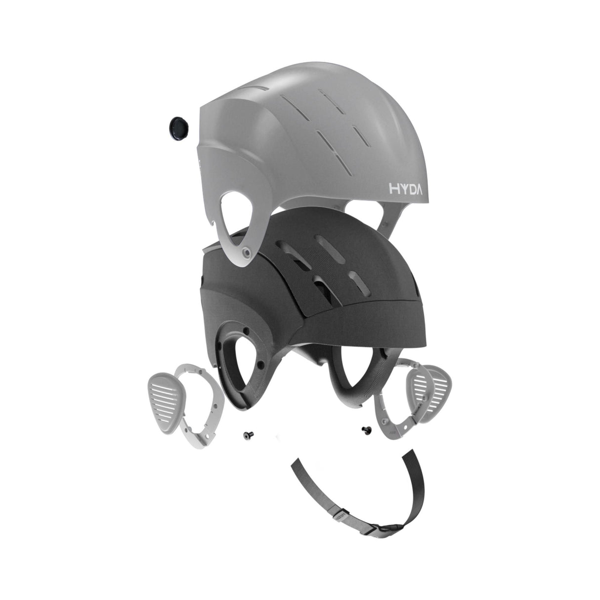 HYDA Coanda Core Wassersport Helm in Grau und Schwarz, Frontansicht mit Belüftungslöchern und Kinnriemen