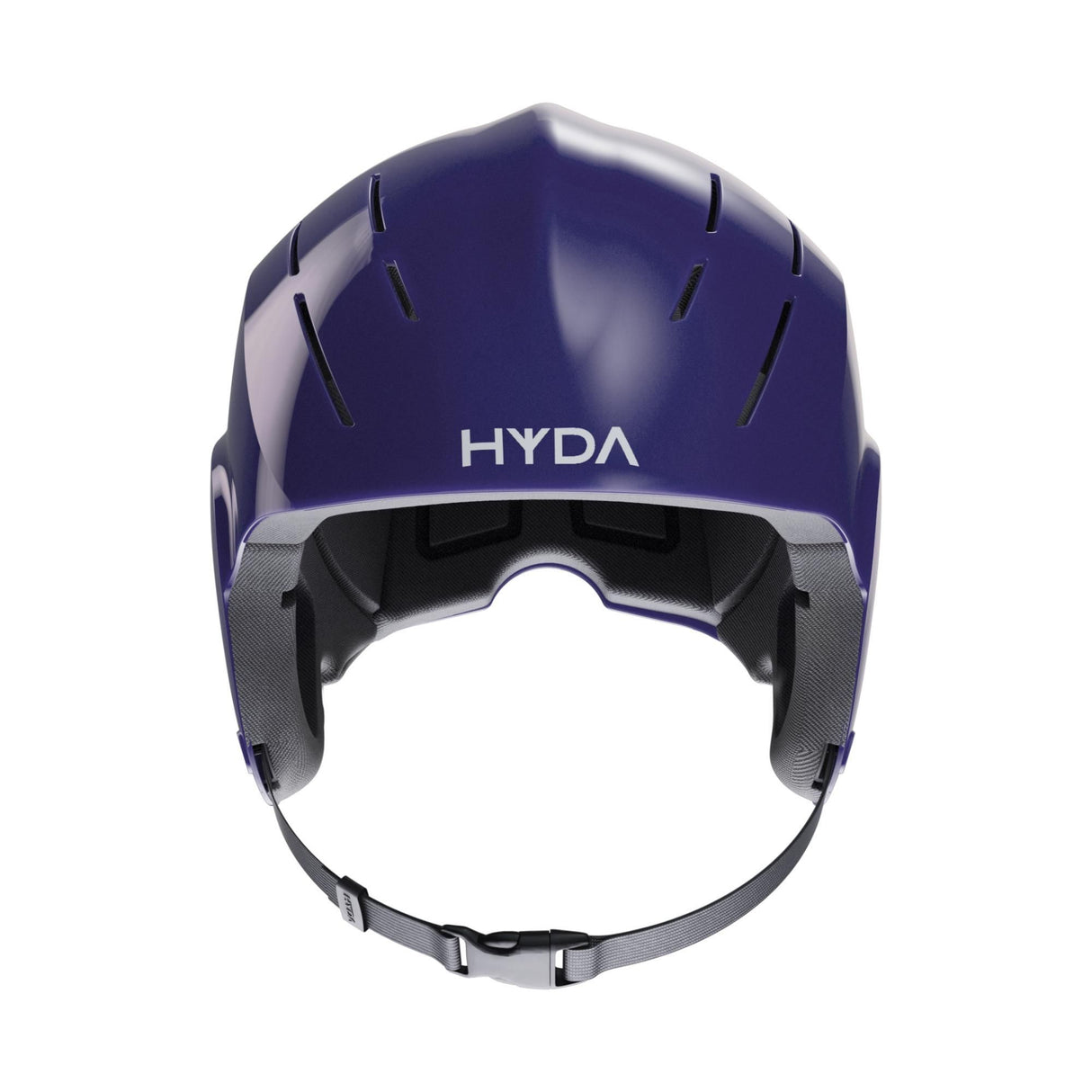HYDA Coanda Core Wassersport Helm in Dunkelblau, Frontansicht, mit grauem Kinnriemen und Belüftungsöffnungen