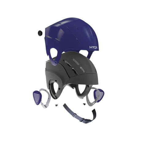 HYDA Coanda Core Wassersport Helm in Dunkelblau und Schwarz mit Belüftungslöchern und Kinnriemen, Frontalansicht