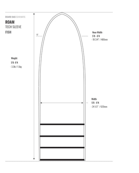 Roam Tech Sleeve Fish Surfboard Socke, technische Zeichnung mit Maßen und Gewichtsangaben, Draufsicht