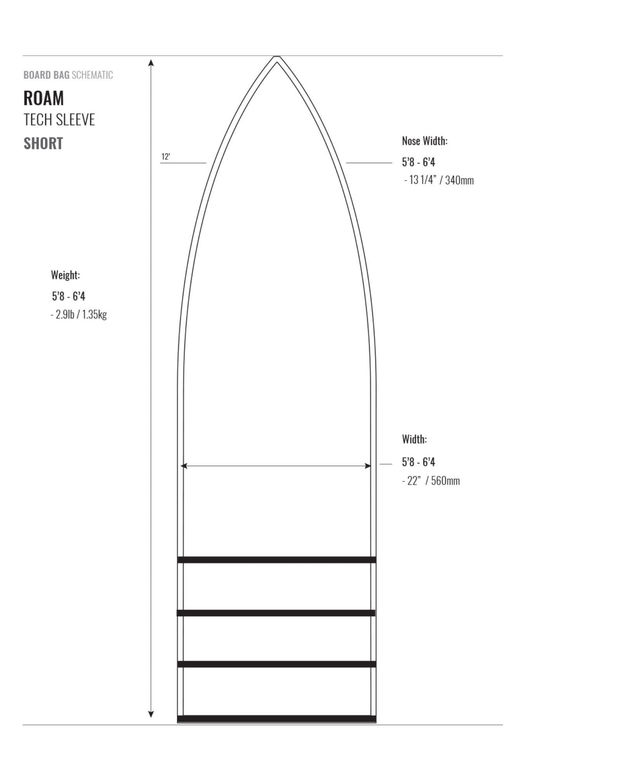 Roam Tech Sleeve Short Surfboard Socke technische Zeichnung mit Maßangaben und Gewichtsangaben