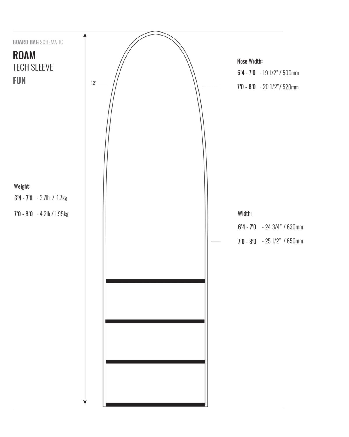 Roam Surfboard Tech Socke weiß mit schwarzen Streifen, technische Zeichnung mit Maßangaben und Gewichtsangaben, Frontansicht