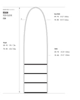 Roam Surfboard Tech Socke weiß mit schwarzen Streifen, technische Zeichnung mit Maßangaben und Gewichtsangaben, Frontansicht