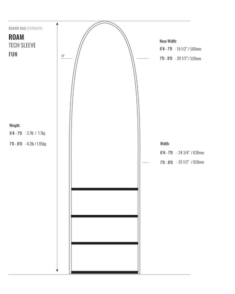 Roam Surfboard Tech Socke weiß mit schwarzen Streifen, technische Zeichnung mit Maßangaben und Gewichtsangaben, Frontansicht
