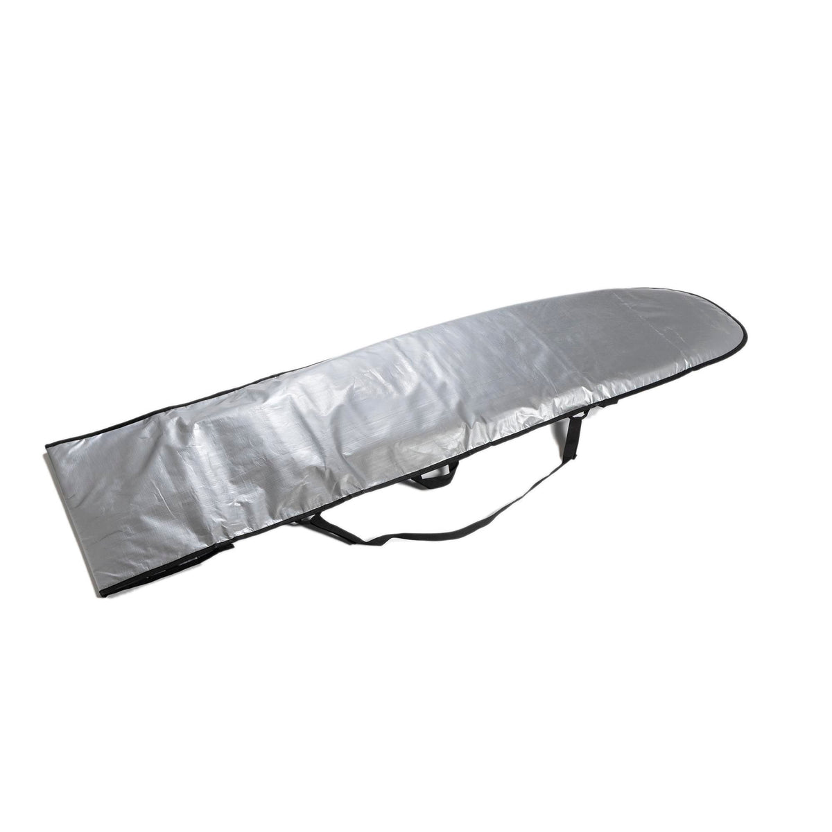 Roam Surfboard Tech Socke Transporttasche aus silberfarbenem Material mit Tragegriffen, Schrägansicht