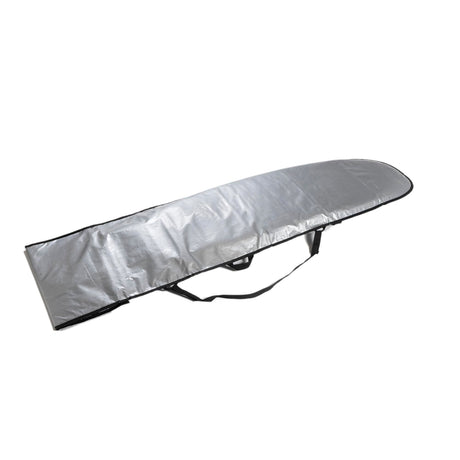 Roam Surfboard Tech Socke Transporttasche aus silberfarbenem Material mit Tragegriffen, Schrägansicht