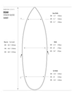 Roam Stealth Sleeve Short Surfboard Größendiagramm mit Abmessungen und Größentabelle in Draufsicht
