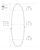 Roam Stealth Sleeve Fish Surfboard Schablone mit Abmessungen und Spezifikationen in Draufsicht
