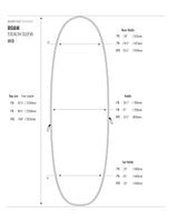 Roam Stealth Sleeve Fun Surfboard technische Zeichnung mit Maßangaben für verschiedene Größen und Breiten