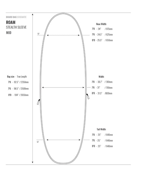 Roam Stealth Sleeve Fun Surfboard technische Zeichnung mit Maßangaben für verschiedene Größen und Breiten