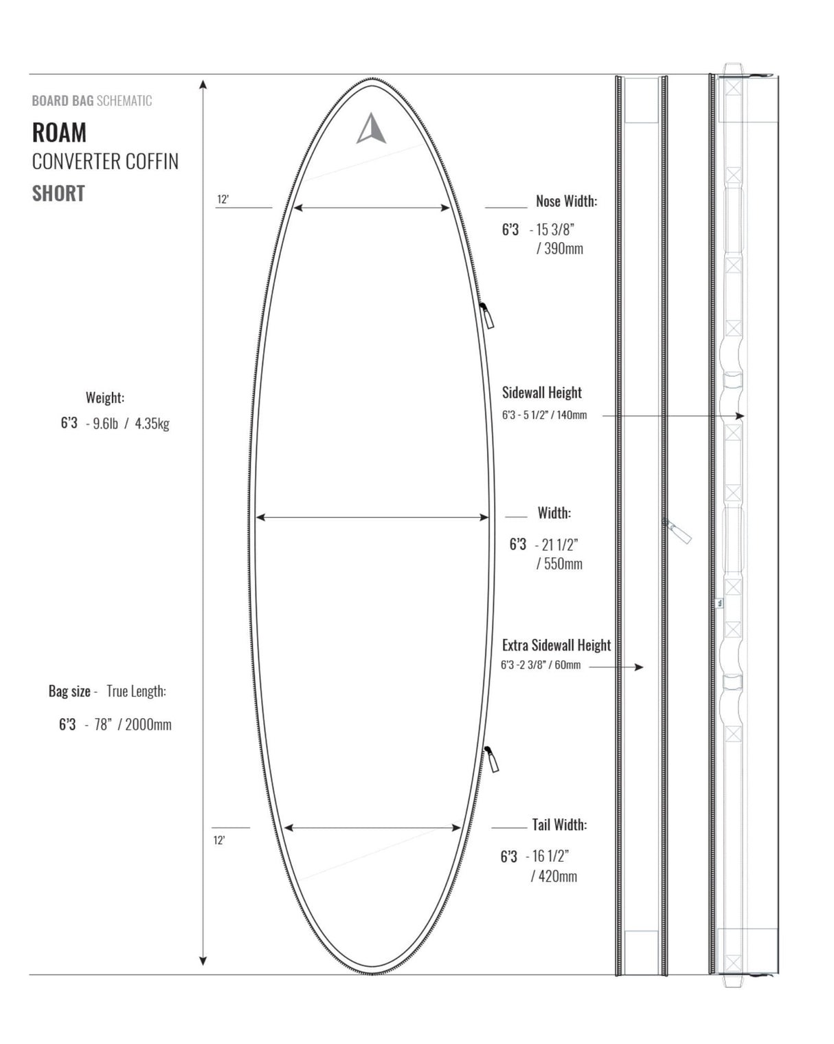 Roam Converter Coffin Short Surfboard Tasche, grau, technische Zeichnung mit Maßen und Spezifikationen
